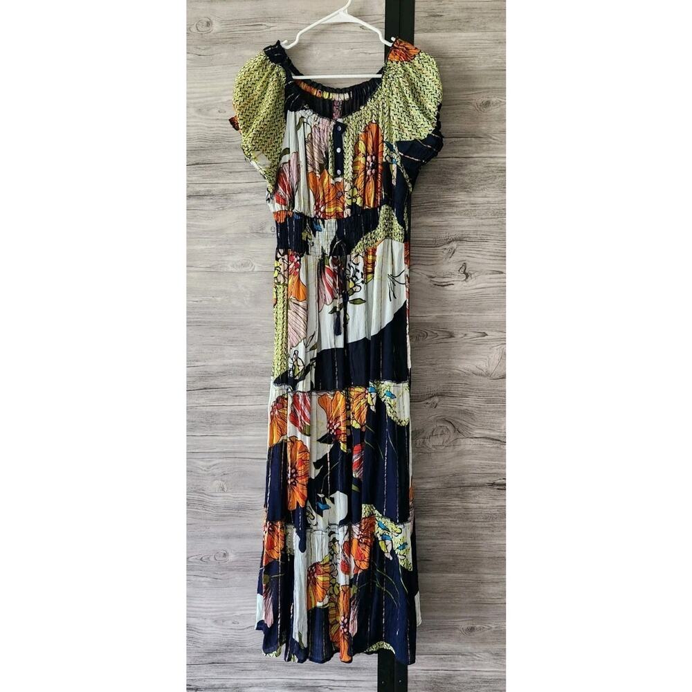 Anthropologie Me 2 Magic Size XL Blue Floral Boho Metallic Maxi Dress Lined